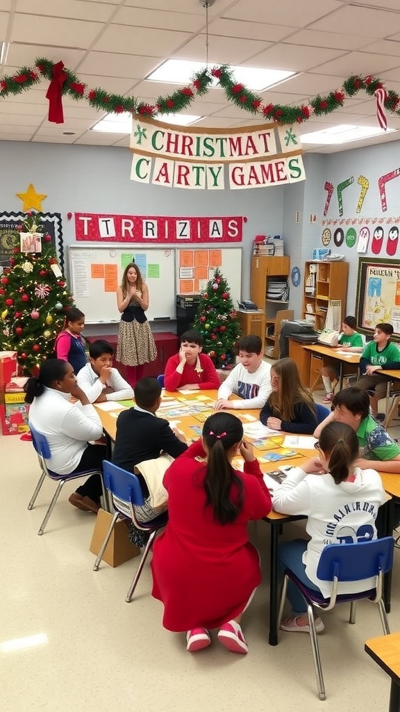 Students playing Christmas party games in a decorated classroom.